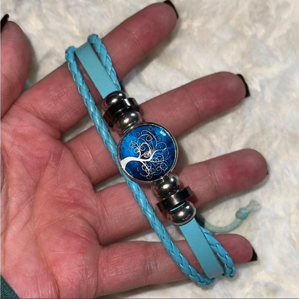 Blue Leather Bracelet with Silver Accents
